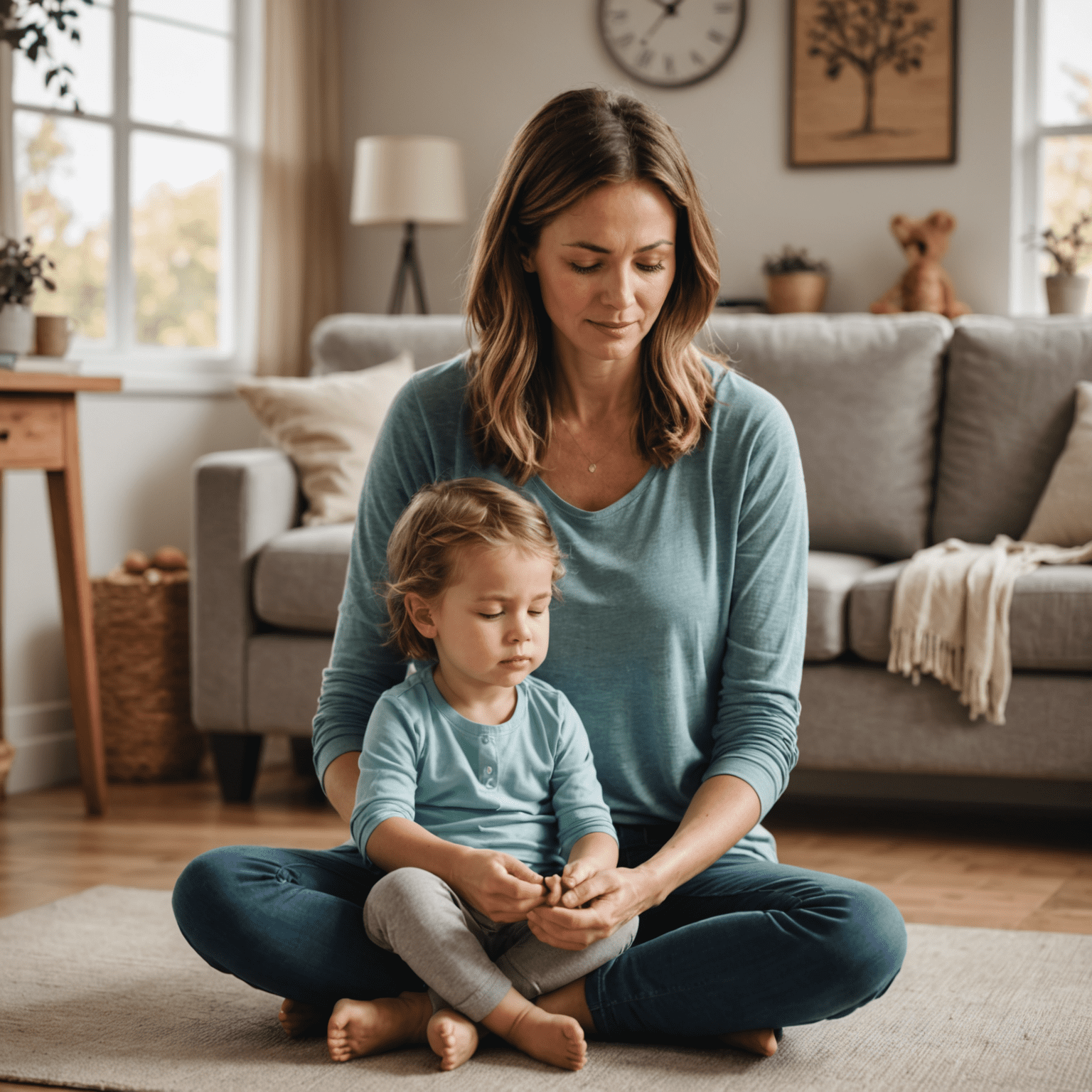 Bir anne, çocuğuyla birlikte mindfulness egzersizi yaparken. Anne ve çocuk gözleri kapalı, rahat bir pozisyonda oturuyorlar. Arka planda sakin bir ev ortamı görünüyor.