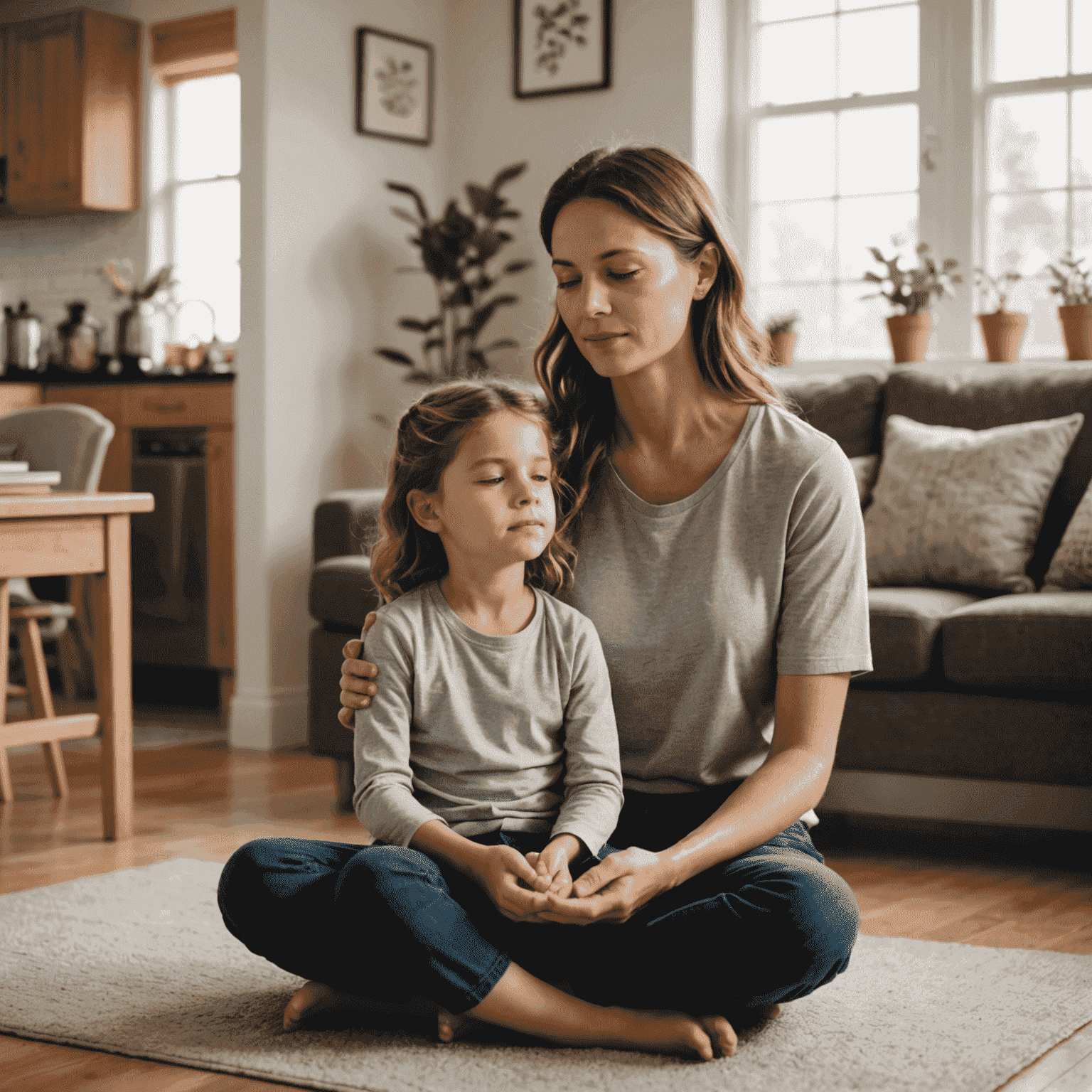 Bir ebeveyn ve çocuk, mindfulness egzersizi yaparken. Ebeveyn gözleri kapalı, sakin bir şekilde oturuyor, çocuk ise merakla ebeveynini izliyor. Arka planda huzurlu bir ev ortamı görünüyor.