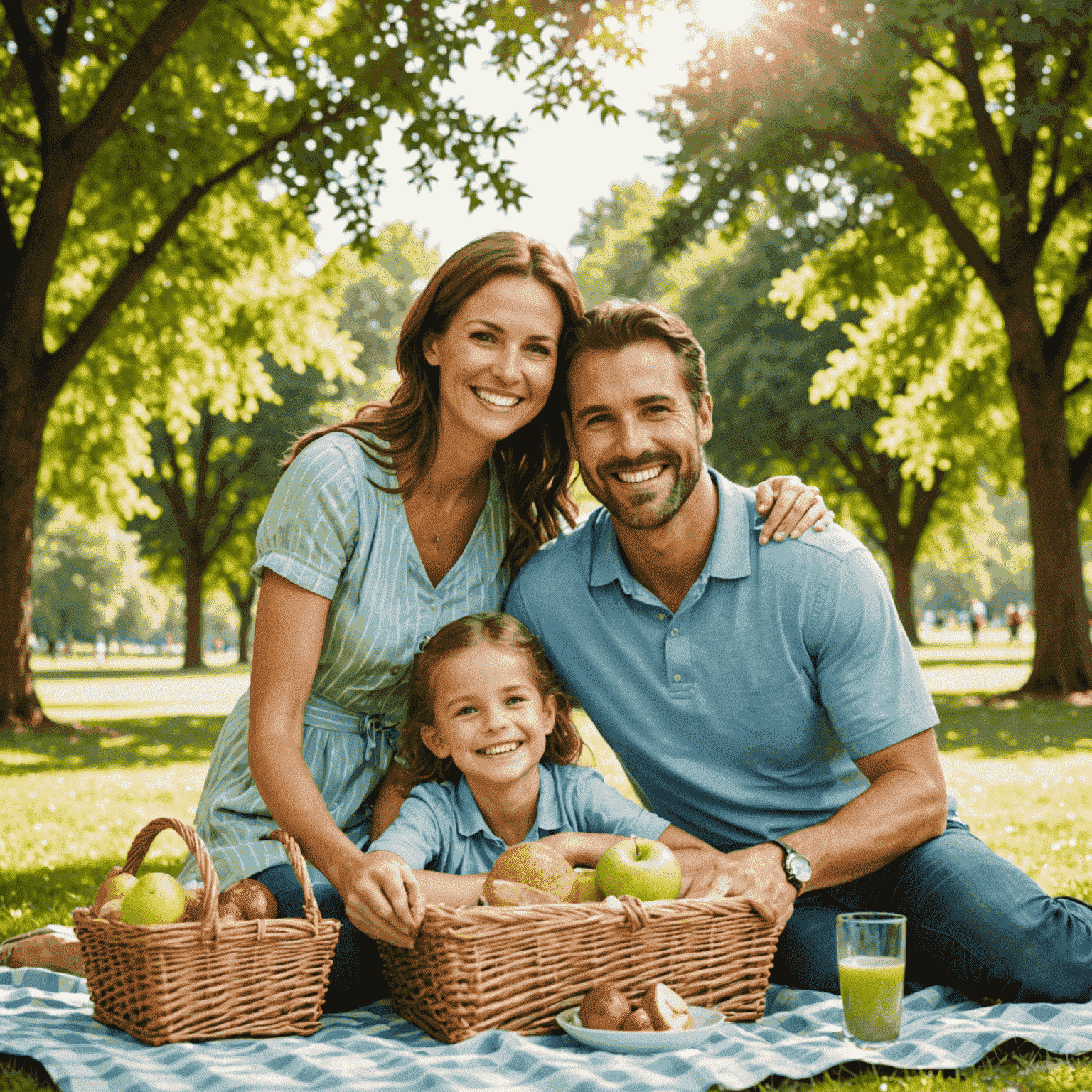 Mutlu bir aile parkta piknik yaparken. Anne, baba ve iki çocuk gülümseyerek birbirlerine sarılıyor. Arka planda yeşil ağaçlar ve güneşli bir gökyüzü görünüyor.